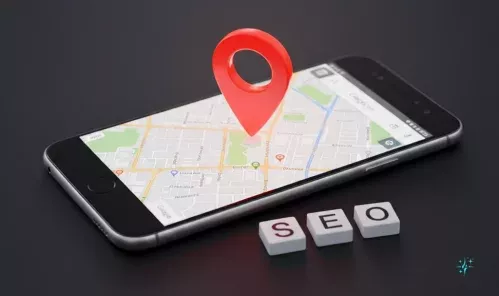 Representación visual de la estrategia SEO local, con un mapa de Google y un marcador de ubicación prominentemente visible