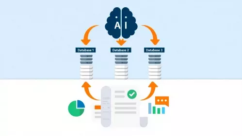 Diagrama del sistema RAG mostrando inteligencia artificial conectada a múltiples bases de datos para generar respuestas mejoradas