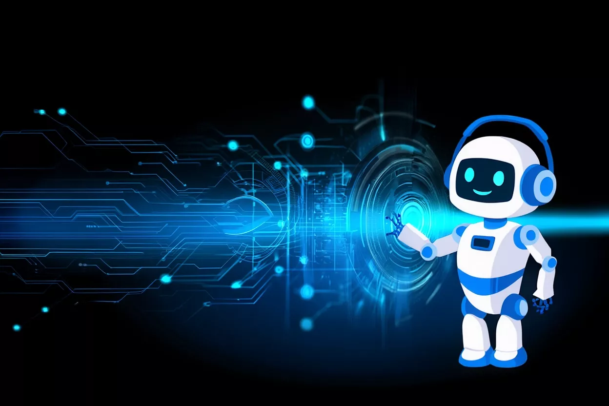 Robot de IA con auriculares procesando informaci&oacute;n digital para generar respuestas completas y coherentes mediante tecnolog&iacute;a RAG