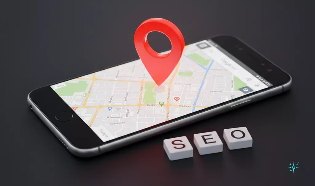 Aumenta la visibilidad de tu negocio con SEO Local en Google Representación visual de la estrategia SEO local, con un mapa de Google y un marcador de ubicación prominentemente visible