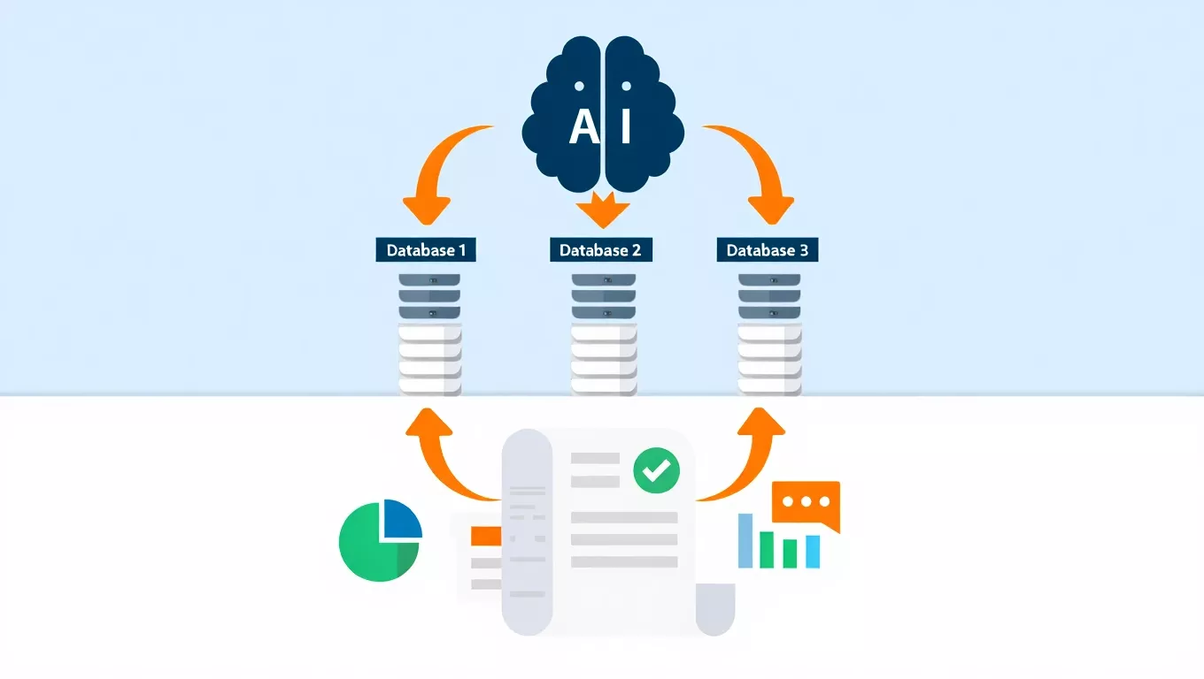 Diagrama del sistema RAG mostrando inteligencia artificial conectada a m&uacute;ltiples bases de datos para generar respuestas mejoradas