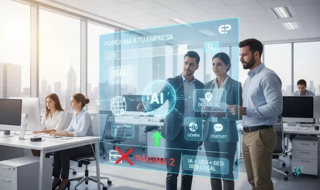 Posiciona tu empresa en la IA y en Google con SEO y GEO local: Superando la página 2 y destacando en motores de búsqueda e IA. Equipo en oficina moderna discutiendo estrategias de posicionamiento SEO, GEO local e Inteligencia Artificial (IA) para Google, Gemini y ChatGPT, con elementos gráficos de búsqueda y mejora de visibilidad