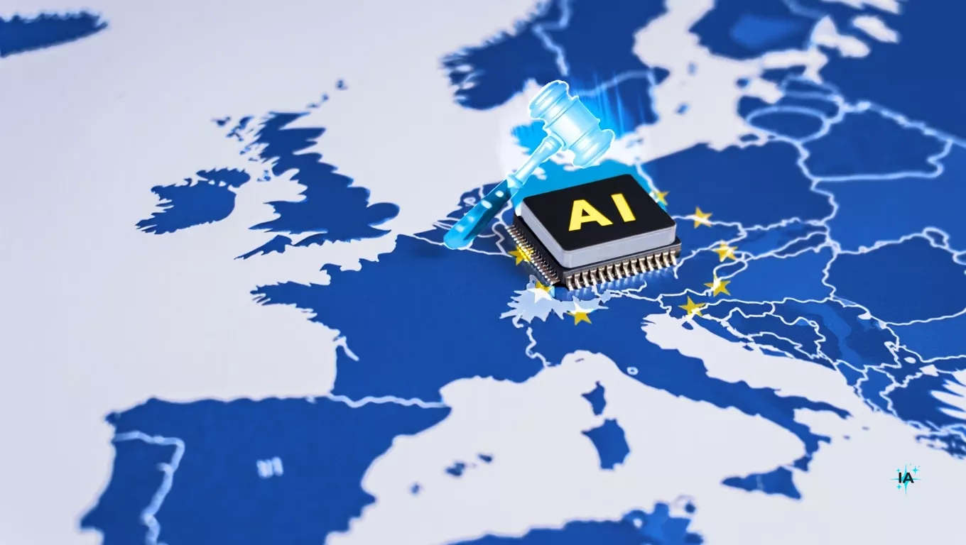 Mapa de Europa con un microchip que simula la bandera de la UE y un mazo de juez, representando la adaptaci&oacute;n a la AI Act