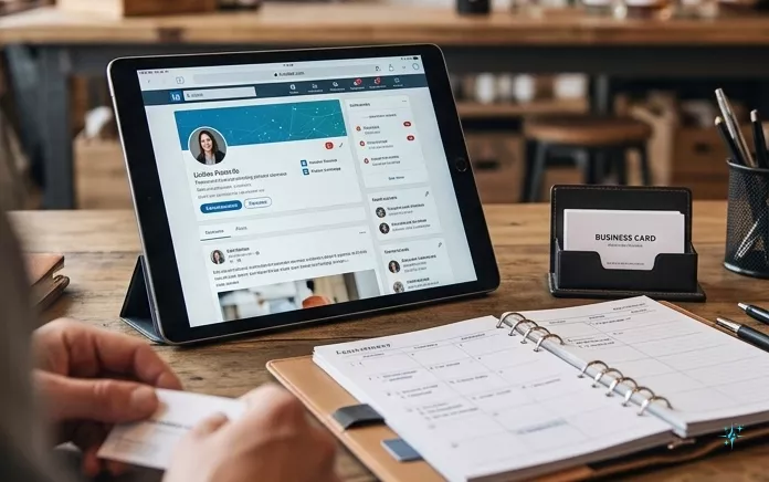 Representación de un perfil de LinkedIn conectado a una red de inteligencia artificial y algoritmos de búsqueda